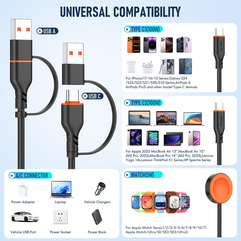 Travel Essentials 3 in 2 Multi Charging Cable 100W USB A/C to Dual USB C/for Apple Watch Charging Cable Silicone Fast Charge Compatible with iPhone 17-15 Series iPad MacBook, Type-C Devices 5FT-Black Black