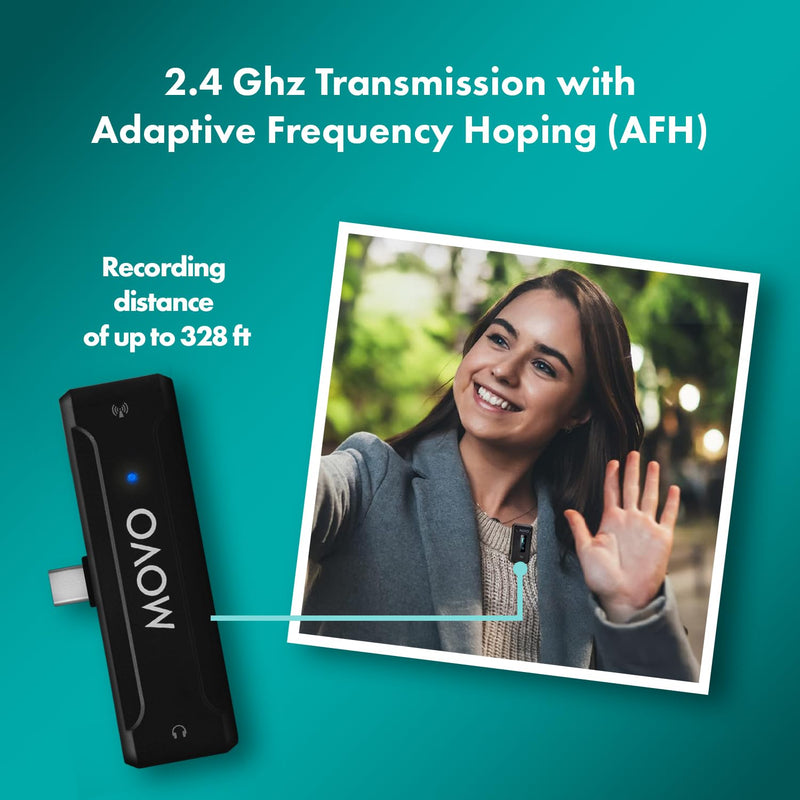 [AUSTRALIA] - Movo WMX-2-C Wireless Microphone for USB-C Devices – Wireless Lavalier Mic System with Charging Case – Clip-On Lapel Mic for iPhone 15 and Up, Android, iPad Pro, MacBook – 7HR Battery, 328ft Range 1 Transmitter 