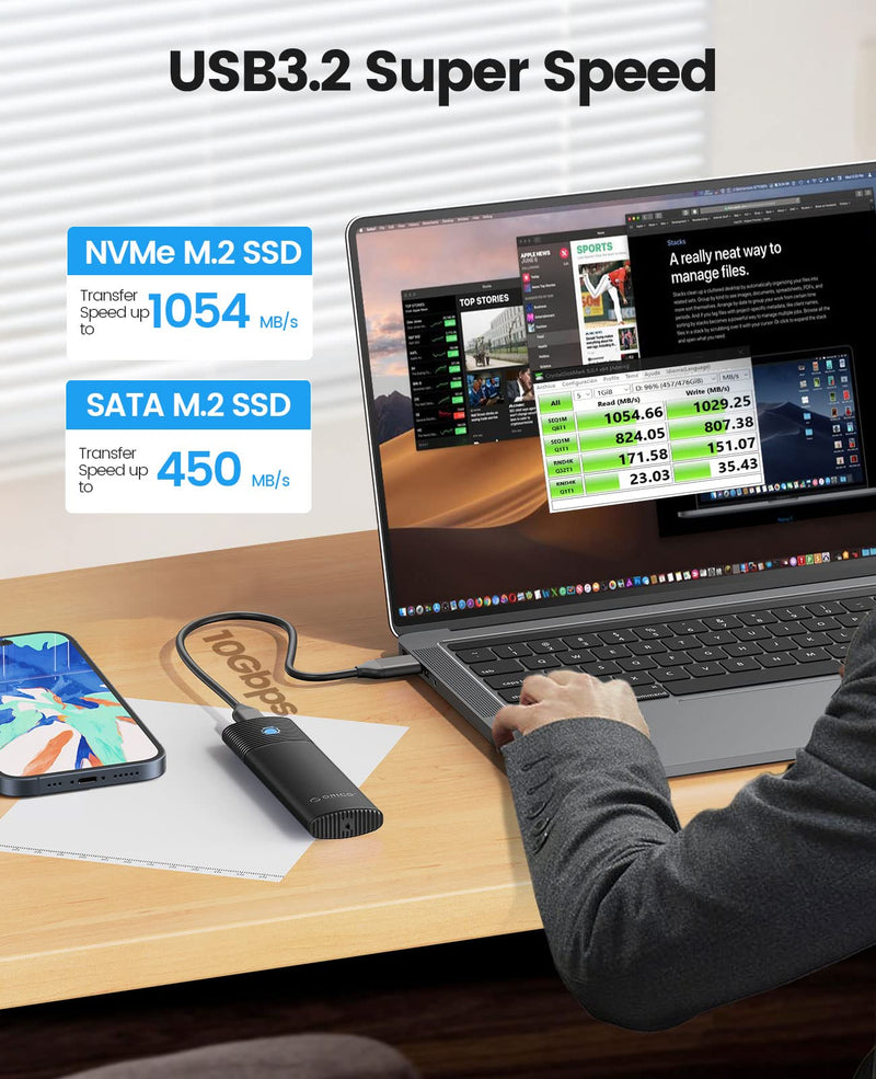 ORICO Dual M.2 NVMe SSD Enclosure, USB C to M2 Adapter for M Key PCIe 2230/2242/2260/2280 M.2 SSDs,Tool-Free Installation Aluminum M.2 Reader Support Trim and UASP up to 2x4TB