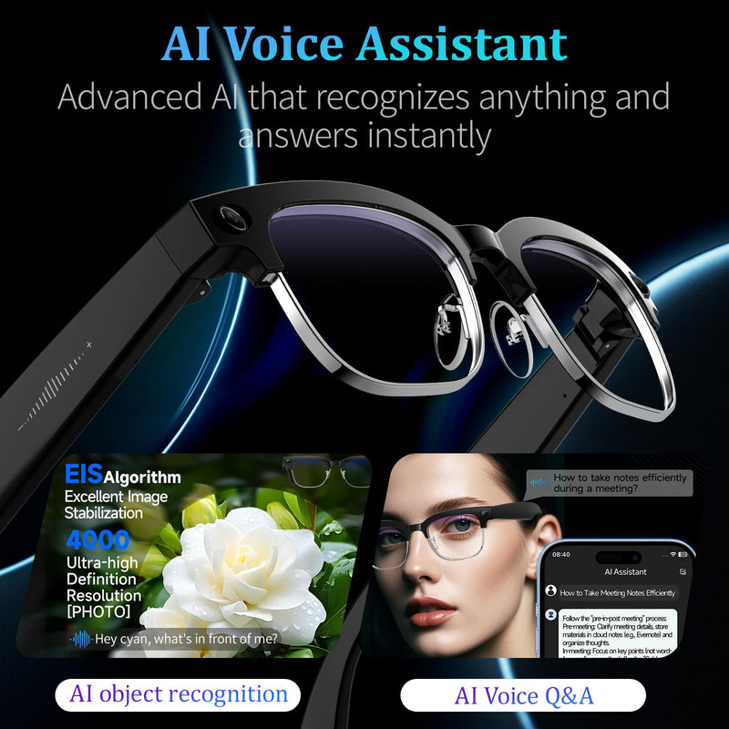 AI Smart Glasses with 8MP Camera, 1080P Video & HD Photo, Bluetooth Audio, AI Voice Assistant, Real-Time Translation, Object Recognition, Noise-Cancel Calls, Music, Photochromic Lenses M