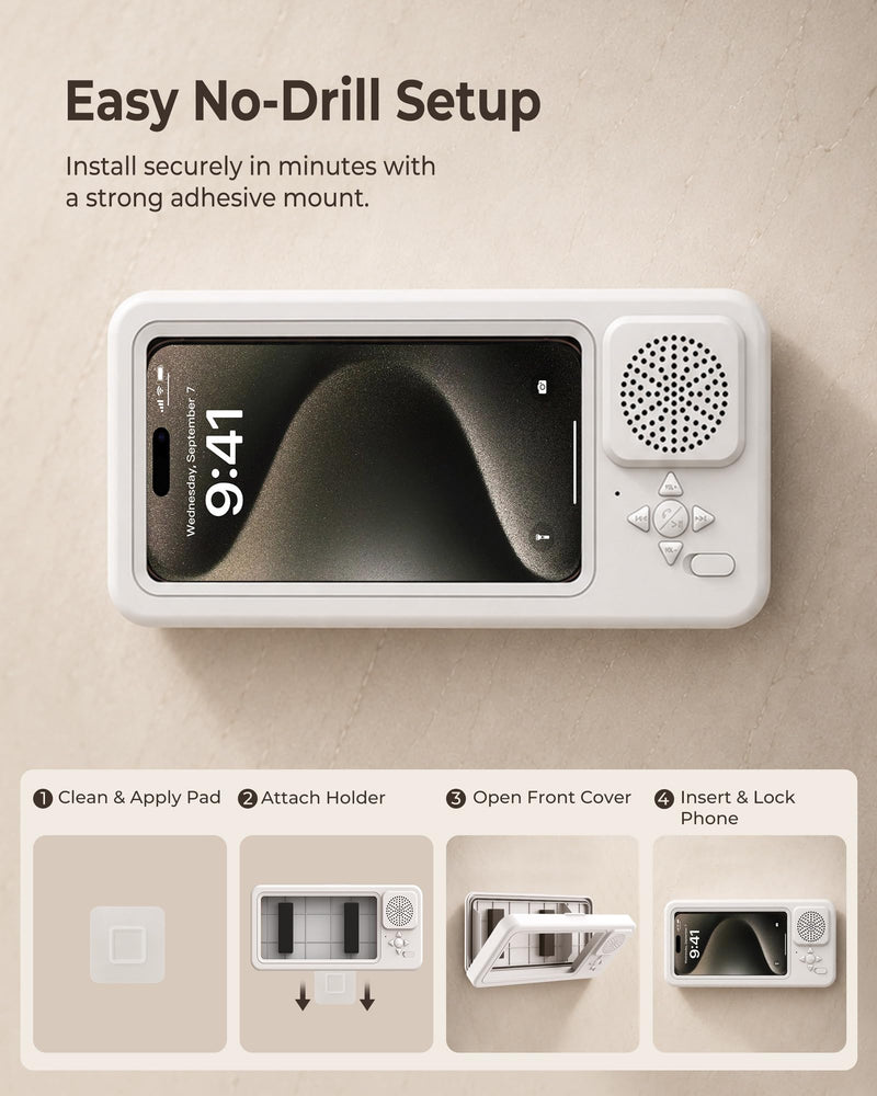 Shower Phone Holder Waterproof with Wireless Bluetooth Speaker | IP67, Anti-Fog HD Touch Screen, Bathroom Wall Mount Phone Case, 360° Rotating, Hands-Free Calls, Fits 4.7-7" Phones White