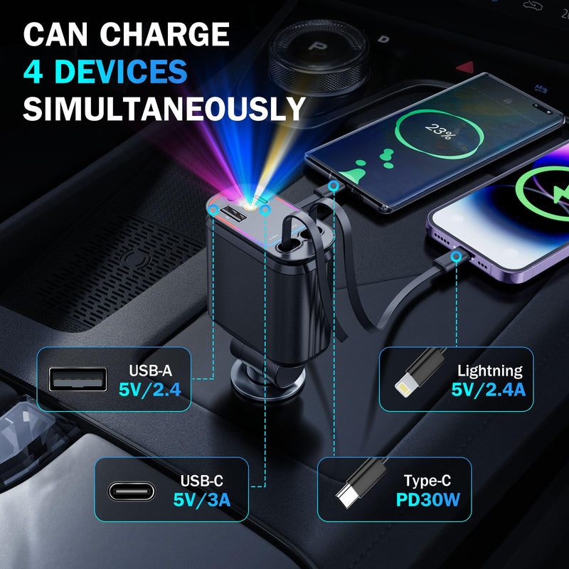 Car Charger with Starlight, 66W USB C Car Charger Adapter, 4 in 1 Retractable Car Charger with 2 USB Ports Car Phone Charger, Fast Car Charger for iPhone16/15/14/13/12/11 and for Android (Black) Black