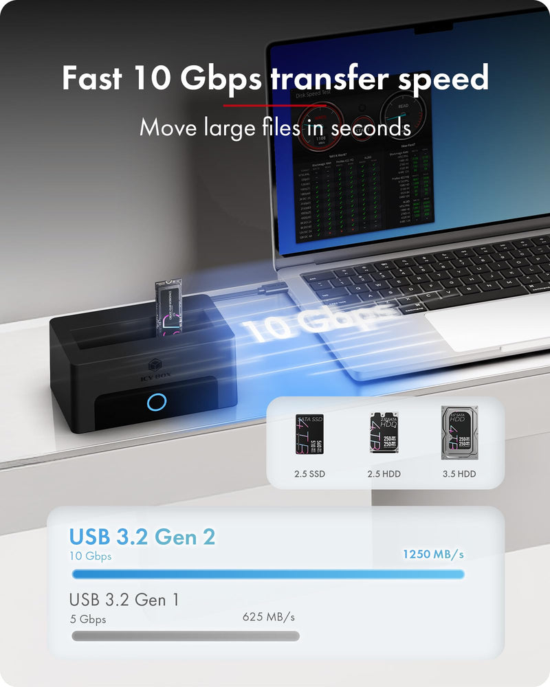 M.2 NVMe & SATA Hard Drive Docking Station, ICY BOX 10Gbps M.2 NVMe SSD Dock for 2.5" & 3.5" HDD/SSD, HDD Docking Station with Single Bay, Compatible with M.2 NVMe/SATA 2.5''/3.5'' HDD SSD