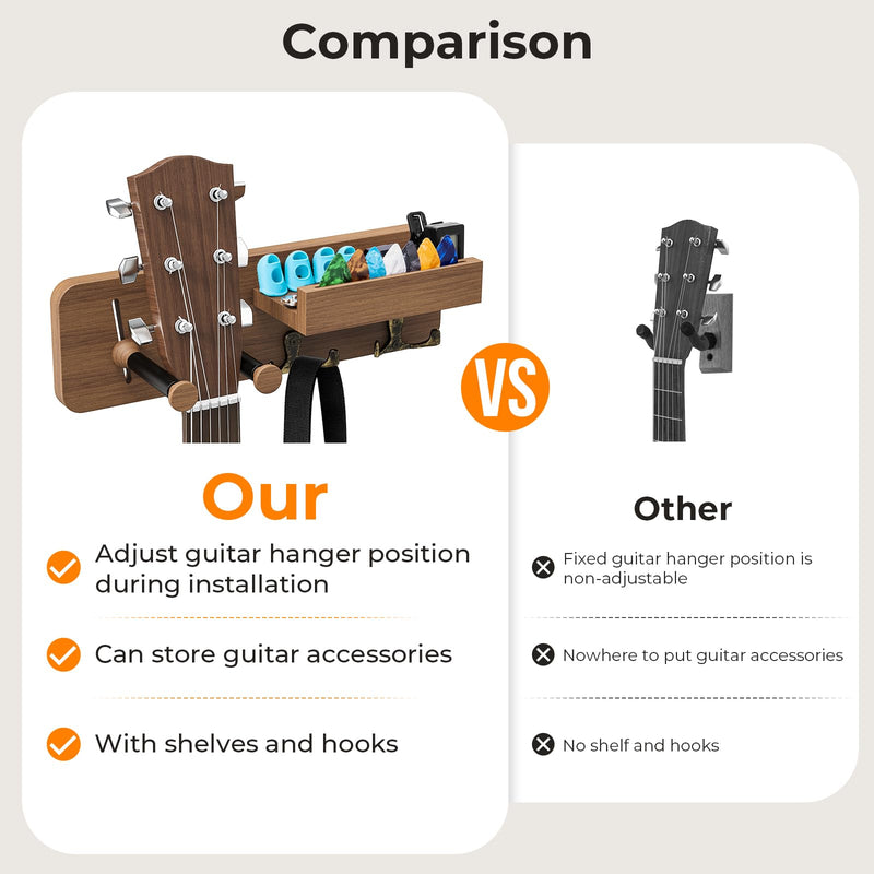 USION 2-Pack Guitar Wall Mount, Adjustable Guitar Hanger Wall Mount with Pick Holder and 2 Hooks Wood Guitar Wall Hangers, Guitar Holder for Acoustic, Electric, Bass, Ukulele(Brown 2PCS) brown 2PCS