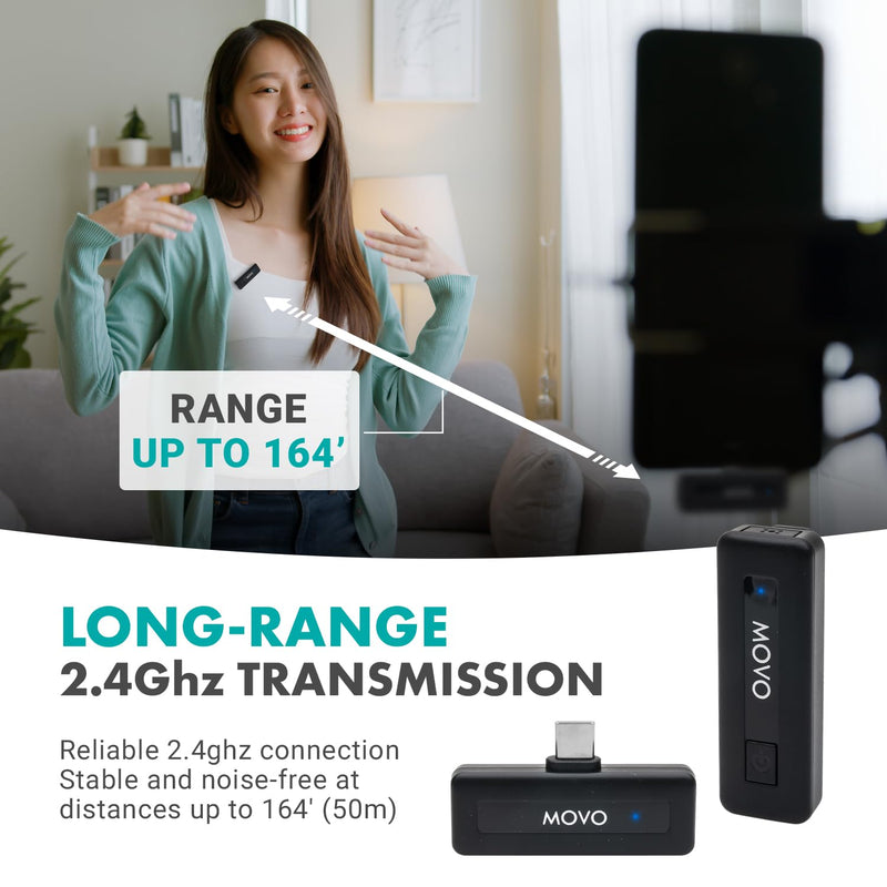 Movo Wireless Mini USB-C Wireless Microphone for iPhone 15/16/17 - Microphone Compatible with Pro Max - 10HR Battery Life, 164ft Range 1 Transmitter