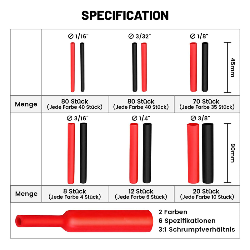 [AUSTRALIA] - RED WOLF Heat Shrink Tube Set with Adhesive 3:1 Shrink Ratio Double Wall Heat Shrink Tube Waterproof Heat Shrink Tube Red & Black 270 Pieces 