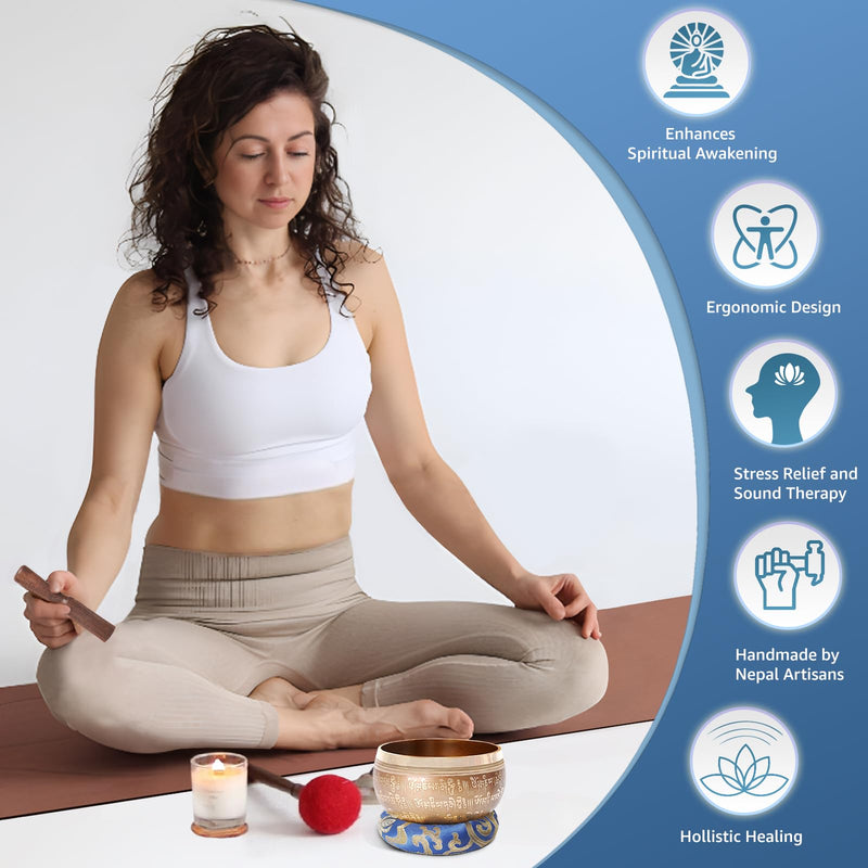 Tibetan Singing Bowls Set, SHANSHUI Meditation Sound Bowl hand Hammered in Nepal For Yoga, Mindfulness, Healing & Chakra Balancing 4 in Blue