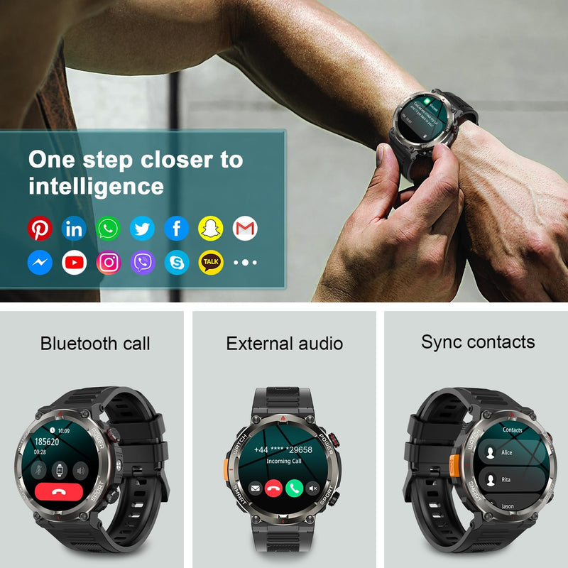 Military Tactical Smart Watches for Men, 1.45" Smart Watch for Android and iPhone, Fitness Tracker Watch with Compass & Flashlight/30-Day Battery/IP68 Waterproof/Heart Rate/120+ Sport Modes(2 Straps) Black W50pro2
