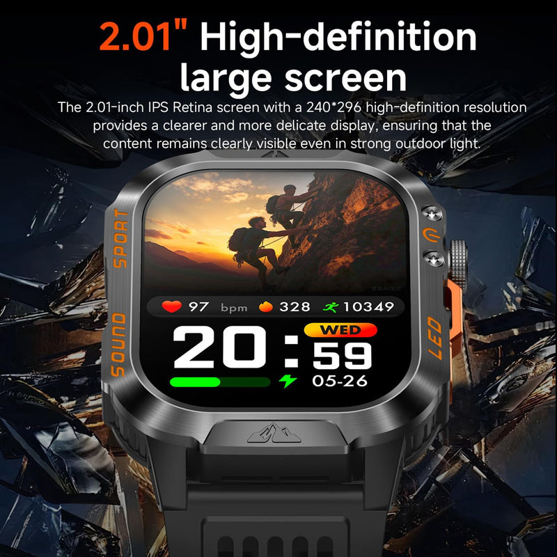 Smart Watch,1200mAh Long Battery Life, 2.01-inch LCD, Bluetooth Calling, Flashlight, Heart Rate/Sleep Monitoring, Supports 100+Sports Modes, IP68 Waterproof,Android & iOS Compatible (Black) Black
