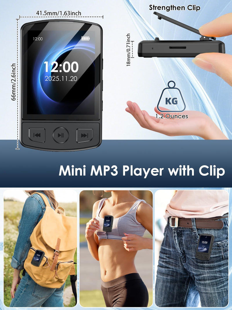 [AUSTRALIA] - MP3 Player with Clip 64GB Mini MP3 Player with Bluetooth 5.2,Portable MP3 Music Player with Earphones,HiFi-Speaker,FM Radio,Voice Recorder,E-Book for Outdoor,Home,Sporting(Black) Black 