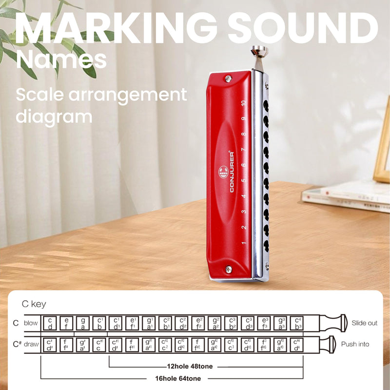 [AUSTRALIA] - CONJURER Chromatic Harmonica Valveless for Adult Beginners Students 10 Hole Harmonica Key of C Stainless Steel Mouth Organ with Brass Reed in Case, C Key Red 10-Hole Chromatic 