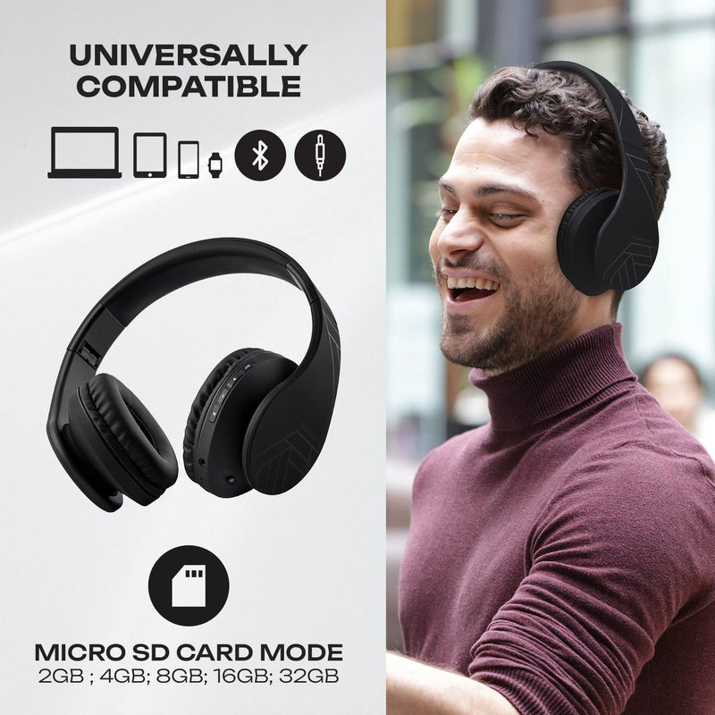 PowerLocus Bluetooth Headphones Over Ear, Foldable Headphones Wireless, Micro SD/TF, FM Radio for Travel/Tablets/PC (Black and Grey Carry Case)
