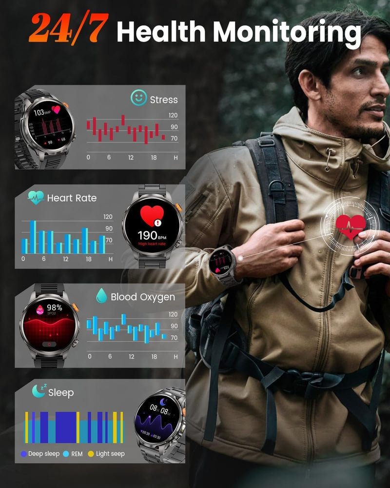 Military Smart Watches for Men (Answer/Make Calls), 1.91''Smart Watch with Blood Pressure/Heart Rate/Sleep/100+ Sport Modes, Fitness Tracker for Android and iPhone, Waterproof Watches for Men(Black) Carbon Black
