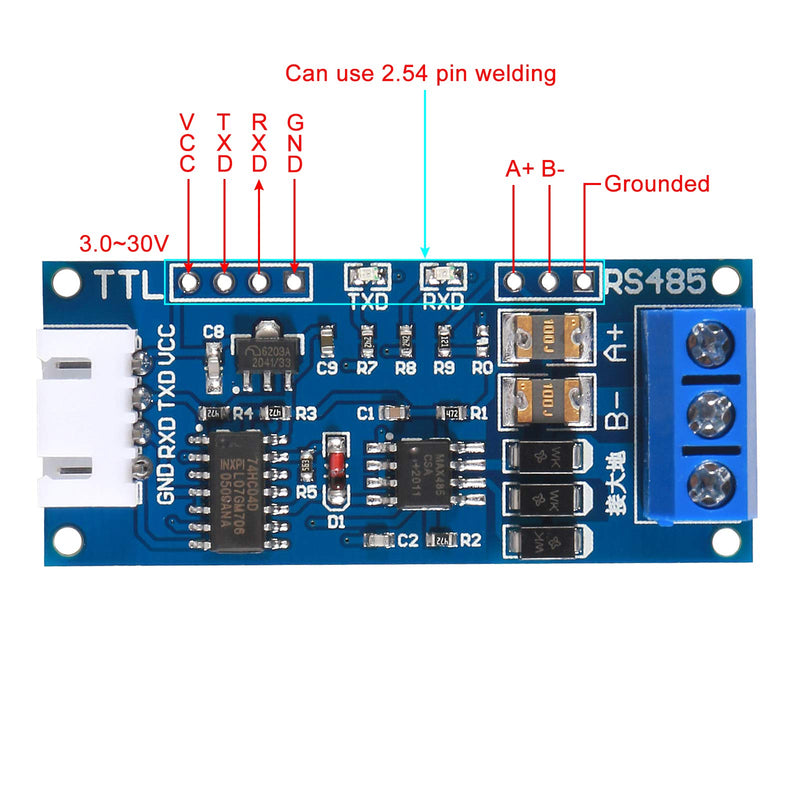 2Pack TTL to RS485 Adapter Module, 485 to TTL 3.3V/5.0V Signals Serial Port Power Supply Converter with Indicator Lights