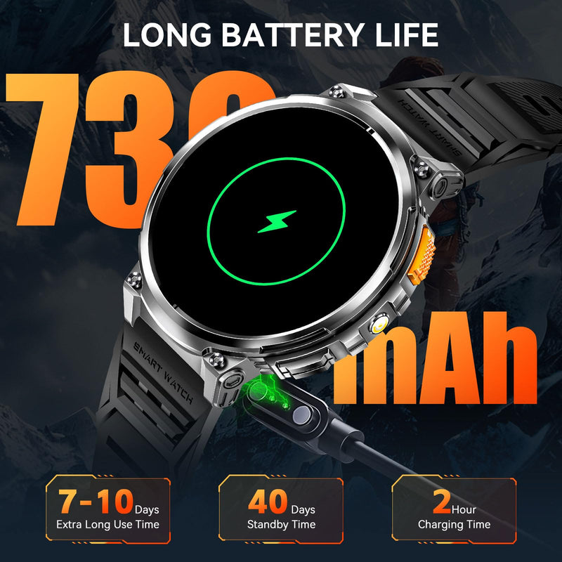 1.85” Big Screen Military Smart Watch for Men with LED Flashlight 2 Straps | Rugged Smart Watch, 730mAh Battery, 100+ Sports Modes, Fitness Watch, Heart Rate Monitor, Sleep Tracker Black Stainless Steel