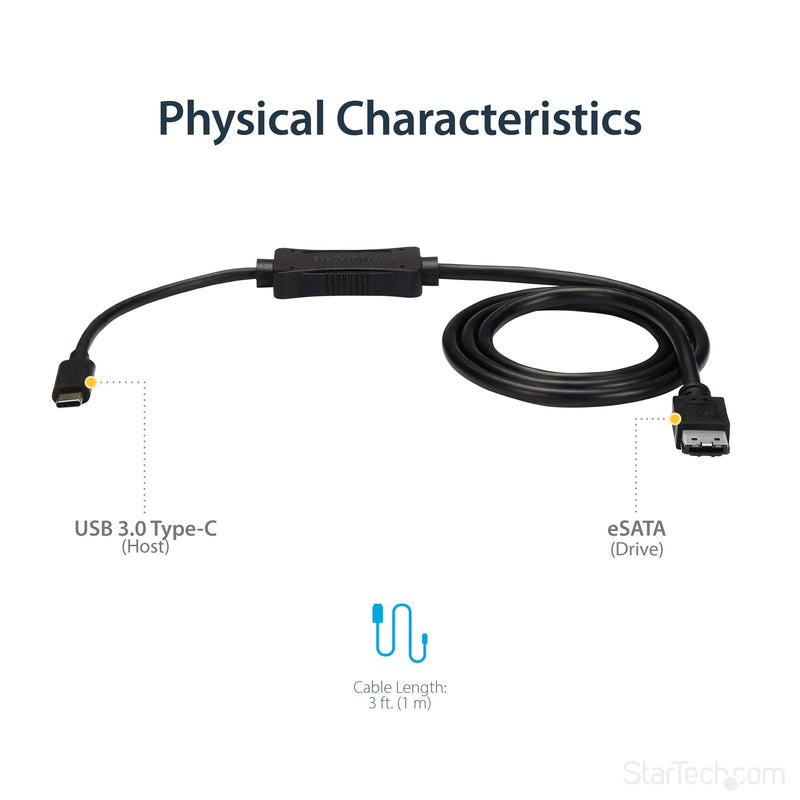 StarTech.com USB C to eSATA Cable - 3 ft / 1m - 5Gbp - for HDD/SSD/ODD - External Hard Drive Adapter - USB 3.0 to eSATA Converter (USB3C2ESAT3) | External hard drive adapter, USB 3.0/3.2 Gen 1, Thunderbolt 3 compatible, USB Powered, Drive cloning and b...