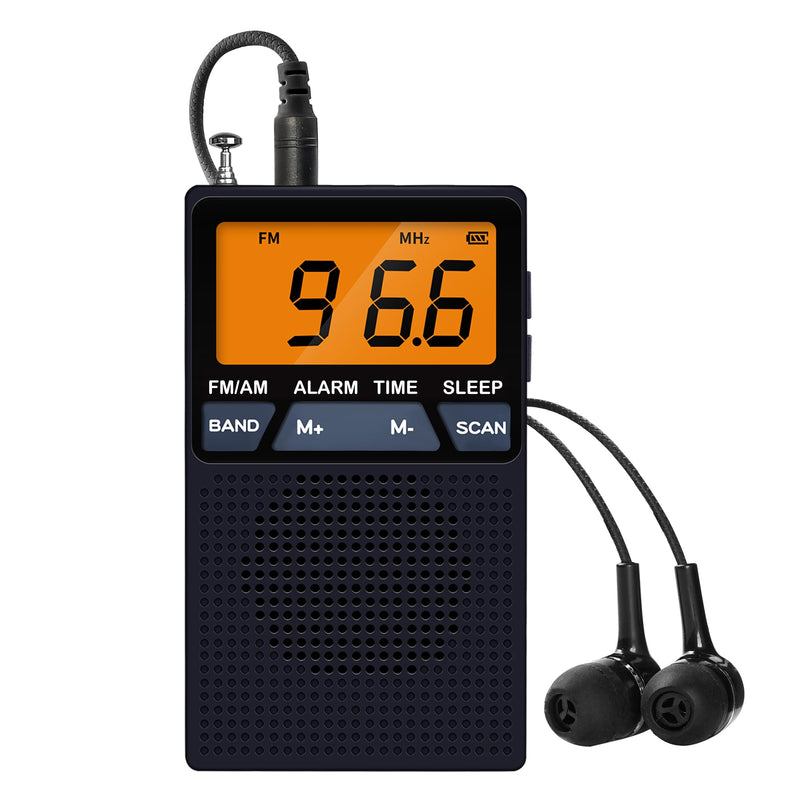 [AUSTRALIA] - AM FM Pocket Radio,Mini Portable Radio, Battery Operated by 2 AA Batteries with Stereo Earphone, Large Digital Display, Time Display, Digtal Alarm Clock (Black) black 