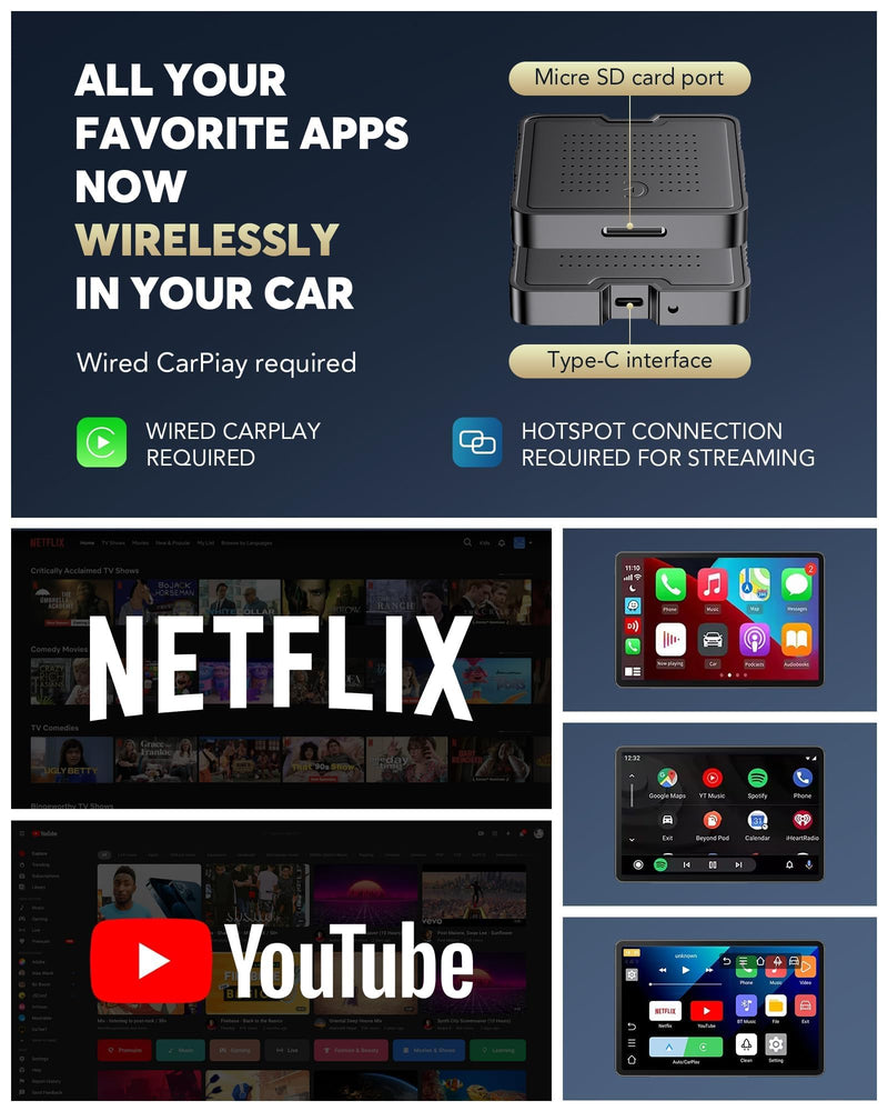 2-in-1 Wireless CarPlay Adapter for Streaming Netflix/YouTube/TikTok/TF Card, 2025 Magic Video AI Box & Android Auto Dongle, Plug & Play, Fit with iPhone 8+/iOS10+/Android 11+