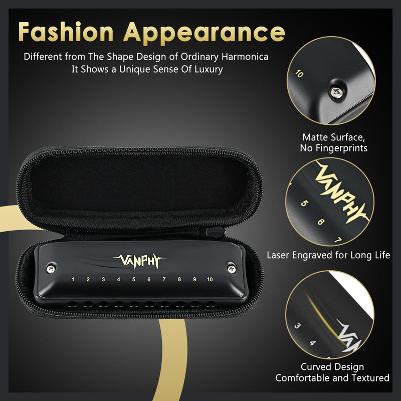 [AUSTRALIA] - Harmonica VANPHY C Harmonica 10 Holes 20 Tones Blues Diatonic Mouth Organ for Kids Beginners Students Adults & Professionals with Case（Black） Black 