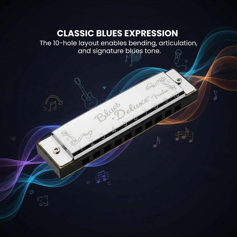 Fender Blues Deluxe Harmonica - Key of C Bundle with Carrying Case, Austin Bazaar Online Manual, and Polishing Cloth