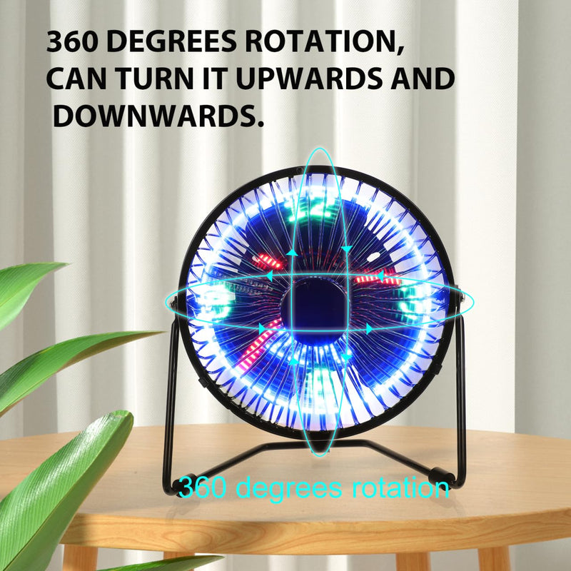 ULTECHNOVO USB LED Clock Fan with Real-Time Temperature Display, 6.5 Inch Quiet Brushless Motor Mini Desktop Cooling Fan, 360° Rotation Metal Frame Portable for Office Computer Desk, Dorm (Black)