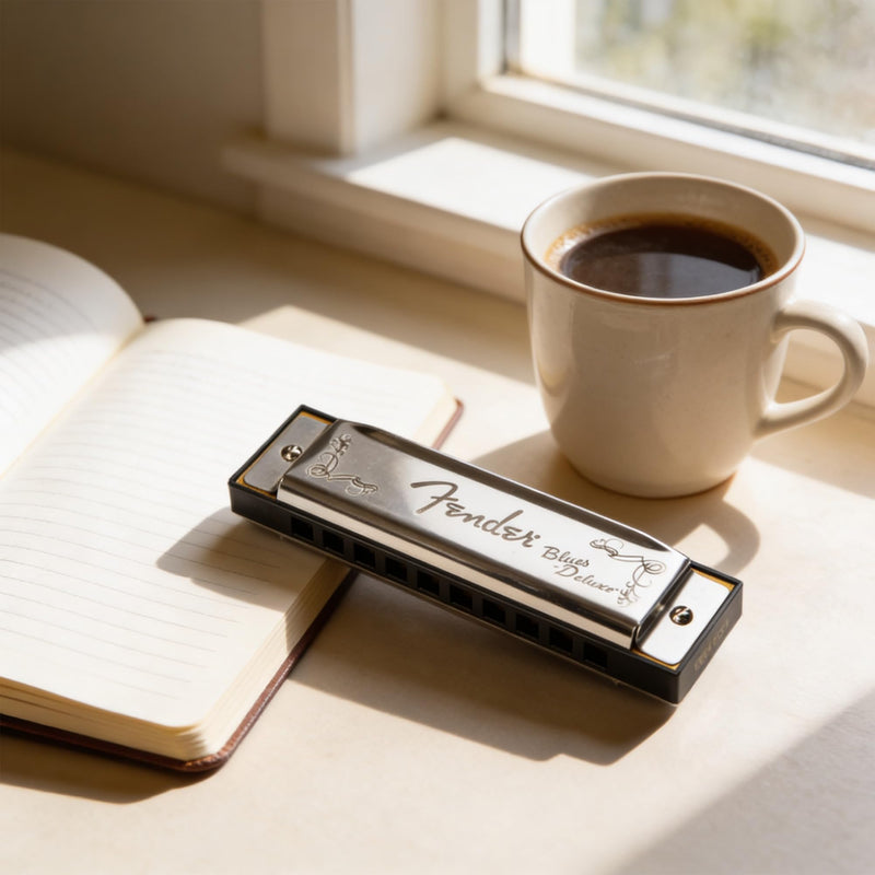 Fender Blues Deluxe Harmonica - Key of G Bundle with Carrying Case, Austin Bazaar Online Manual, and Polishing Cloth