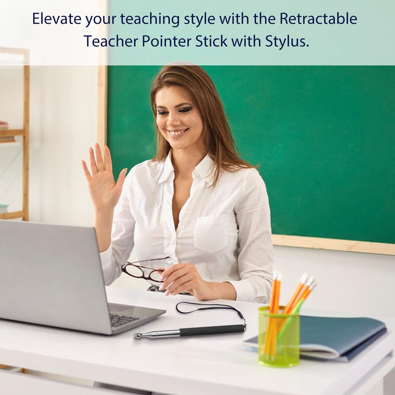 Retractable Teacher Pointer 𝟑𝟗.𝟓'', Pointer Stick with 𝗦𝘁𝘆𝗹𝘂𝘀 Smooth Sensitive Tablet Pen Stylus Pen, Teacher Coach Presenter Pointer with Lanyard Black