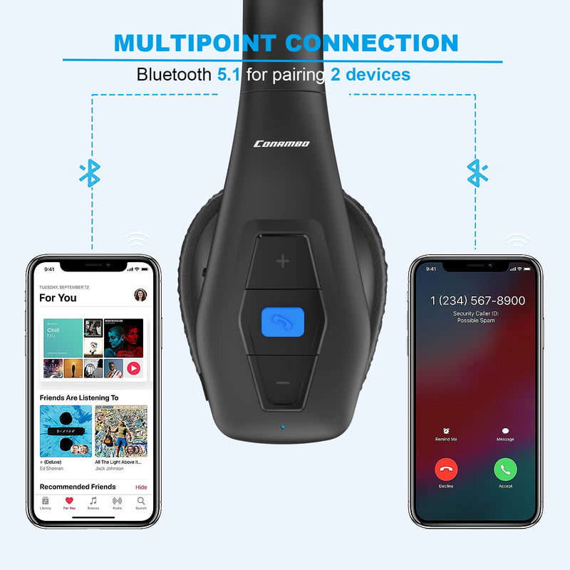 [AUSTRALIA] - Conambo Bluetooth Headset V5.1, Trucker Bluetooth Headset with CVC8.0 Dual Mic Noise Canceling & Mute Button & 60 Hrs Workingtime Wireless On-Ear Headphones for Trucker Home Office Work Cell Phones 
