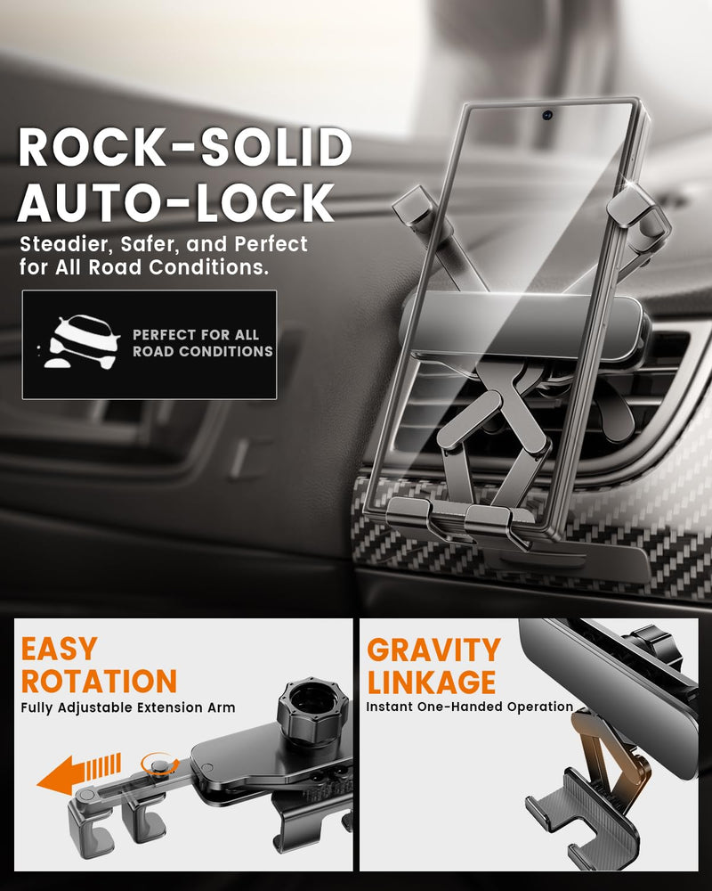Delobon Car Phone Holder Mount [Designed for Fold Phones] Gravity Locking | for Samsung Galaxy Z Fold 8 Ultra 7 6 5 4 3 2 Pixel 9 10 Pro Fold iPhone 16 15 14 Matte Black