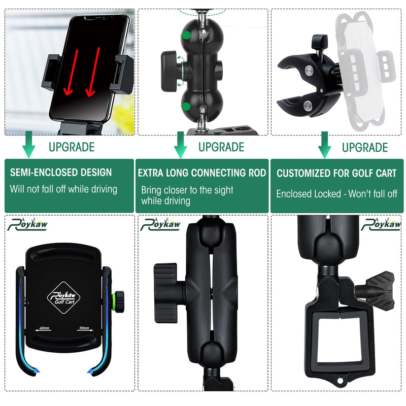 Roykaw Golf Cart Phone Mount Holder for iPhone/Galaxy/Google Pixel - Compatible with EZGO, Club Car, Yamaha, Upgrade Quick Release &One-Handed Pick and Place, Won't Fall Out Black