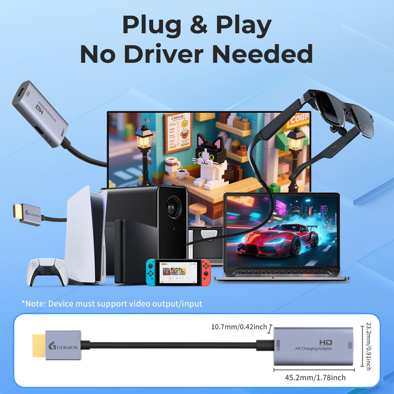 [AUSTRALIA] - Guermok AR Glasses HDMI to USB-C Display Adapter, 4K@60Hz Play and Charge XR Converter with DC 5V, for XREAL One/Air 2 Pro/RayNeo/Rokid, Switch 2/1, Xbox1, PS4/5, Portable Monitors (Sliver) 0.74FT Silver 