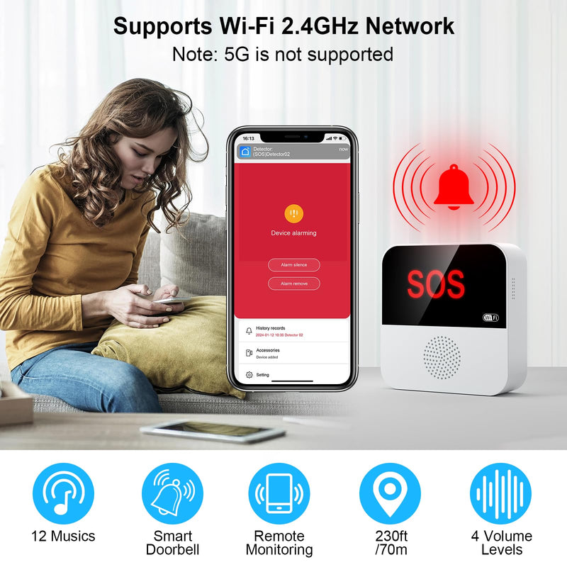WiFi Pager, Caregiver Pagers Life Alert Systems for Seniors no Monthly Fee, 1 Receiver and 1 SOS Panic Button & 1 Watch Pager, Compatible with Tuya Smart/Smart Life APP 1 Receiver+1 Watch+1 Button