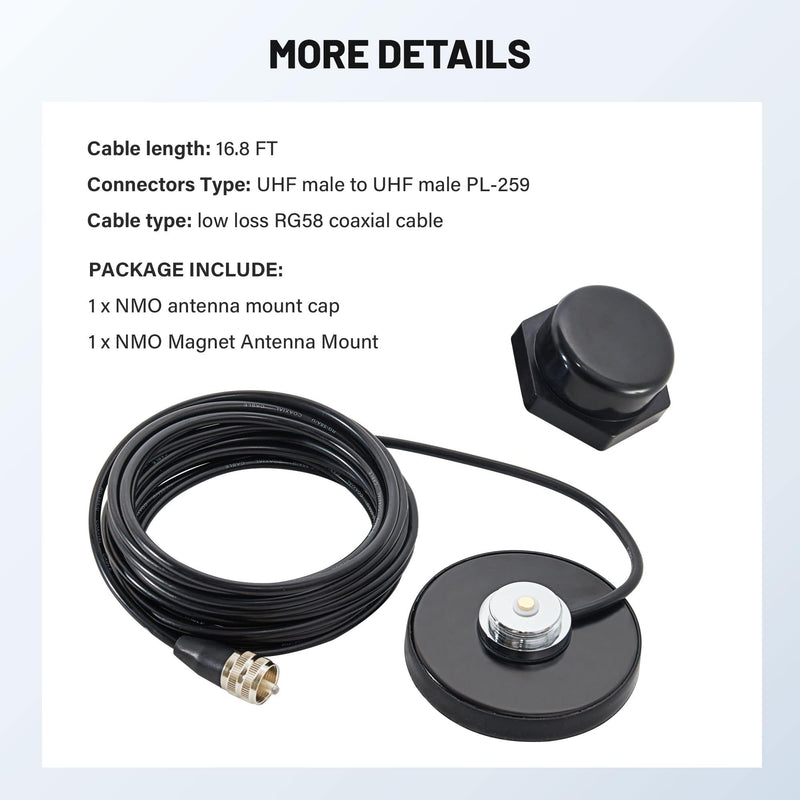 [AUSTRALIA] - Anina NMO Antenna Magnetic Base Mount 16.4 FT RG58 Coaxial Cable PL-259 Plug with NMO Antenna Mounting Cap for CB Ham GMRS Radio Marine Two Way Radio 