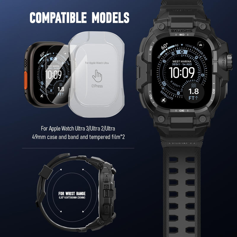 BXUXOHS Rugged Case and Band for Apple Watch Ultra 3/2/1 49mm Men, Military Grade Shockproof Bumper Cover, with 2 Pack Screen Protector, Tactical Band Case for iWatch Ultra 3 2 1 Man, Black 01-Pure Black 49mm - Ultra 3/Ultra 2/Ultra