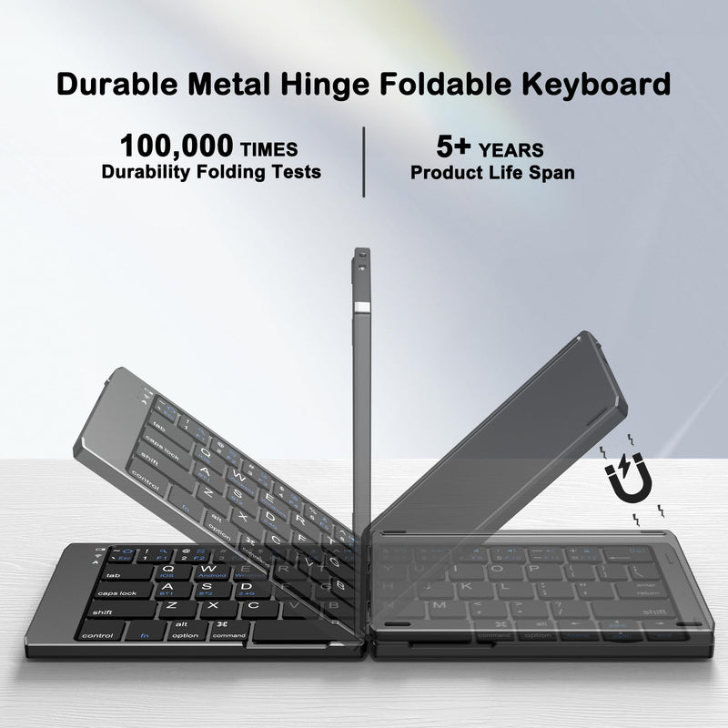 Foldable Keyboard and Mouse, EDJO Folding Wireless Keyboard Mouse Combo with Phone Holder, 2.4G Wireless and Bluetooth, USB-C Rechargeable Portable Keyboard Mouse for iOS Android Windows Mac OS