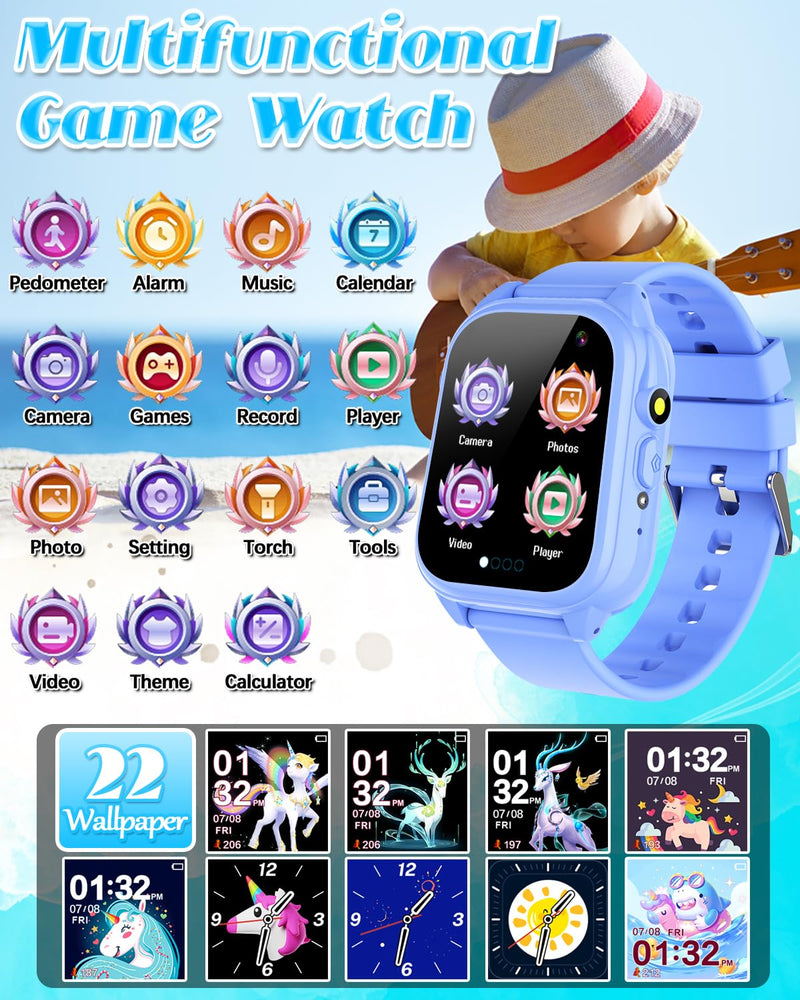 Waterproof Smart Watch for Kids 3-12 Years Old Boys Toys with 26 Games, Video Camera, Pedometer, Music Player, Alarm Clock, Flashlight, HD Touchscreen Toddler Watches Girls Birthdays Gifts (Blue) Blue
