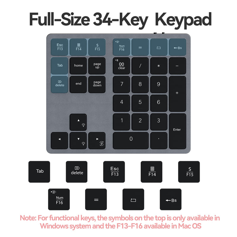 Doohoeek Backlit Bluetooth Numeric Keypad for Laptops and Computers, Number Pads 34 Keys with 7-Color Backlight for MacBook & Windows, Gray Bluetooth Only Grey