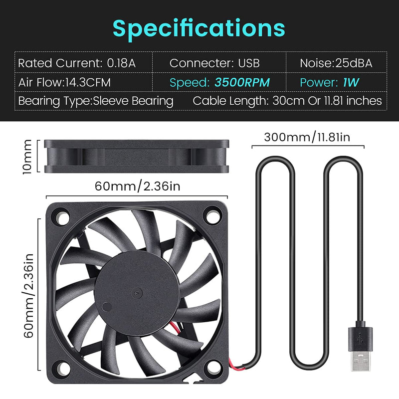 2 Packs Wathai 60mm x 10mm USB Fan 5V DC Brushless Cooling Fan