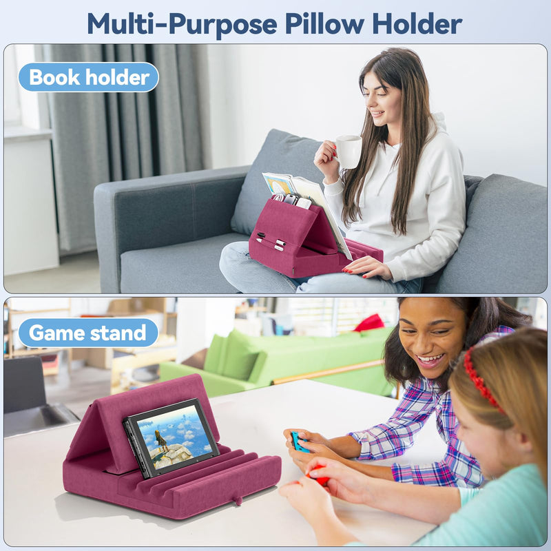 KDD Tablet Pillow Holder, Foldable iPad Stand for Lap, Bed and Desk -Tablet Soft Pad Dock with Pocket & Stylus Mount Compatible with iPad Pro 12.9, 10.5, 9.7 Air Mini 6 5 4 3, Galaxy Tab, E-Reader Purple