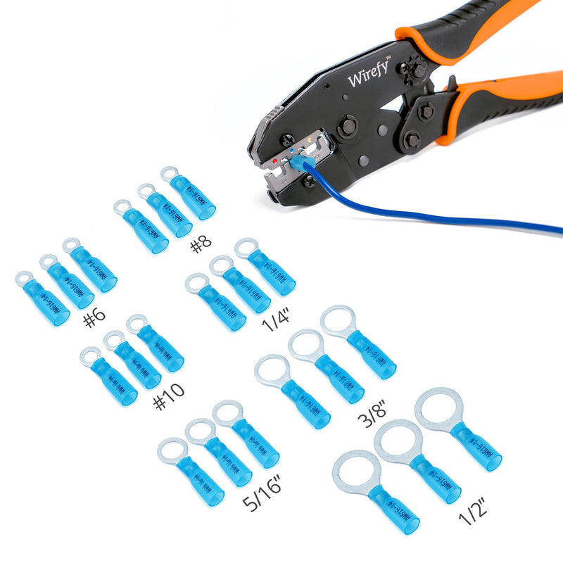 Wirefy 130 PCS Heat Shrink Ring Terminals 1/4" - a Resistant Ring Connectors - Eyelet Wire Connectors - Blue 16-14 AWG Ring 1/4" Blue 16-14 Gauge
