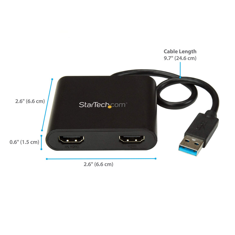 StarTech.com USB 3.0 to Dual HDMI Adapter - 1x 4K 30Hz & 1x 1080p - External Video & Graphics Card - USB Type-A to HDMI Dual Monitor Display Adapter - Supports Windows Only - Black (USB32HD2) 2x HDMI | USB 3.0 | Windows Only