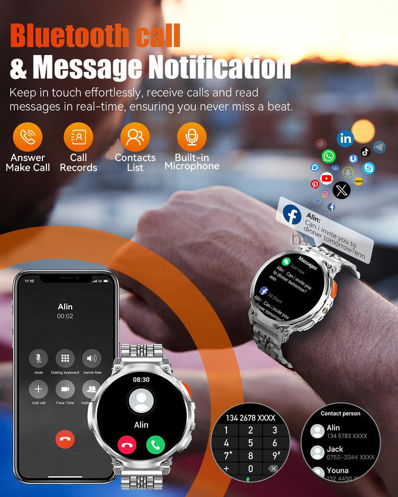 Military Smart Watch for Men, Flashlight, 1.85" Big Screen, 930mAh Battery | AMOLED Display, Bluetooth Calling, 2 Bands, IP68 Waterproof, 114 Sports Modes, Fitness Tracker, Android & iPhone Compatible