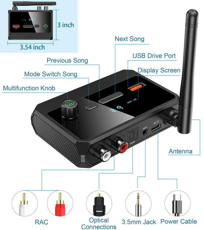 Bluetooth 5.3 Receiver for Home Stereo, Low Latency & HD Music Audio Bluetooth to RCA Adapter for Stereo/Speakers/Wired Speakers/Home Music Streaming Stereo System, Support Optical AUX 3.5mm