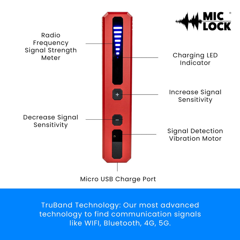 Mic-Lock Hidden Device Radio Frequency Finder - Anti Spy Device Detects RF, WiFi, Bluetooth, 4G & 5G - Secure Business Meetings, Hotels & Vacation Rentals Red Radio Frequency Detector