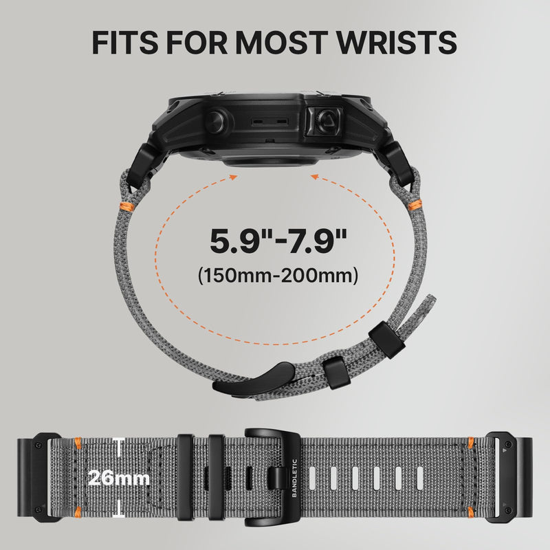 Bandletic Rugged Nylon Soft Compatible with Garmin 22MM 26MM Watch Band | Soft Tactical Replacement Straps for Instinct/Fenix/Tactix Delta/Descent/Epix/Epix Pro/Enduro/Quatix/Approach/Forerunner/MARQ Darkgray 26mm (5.9"-7.9")