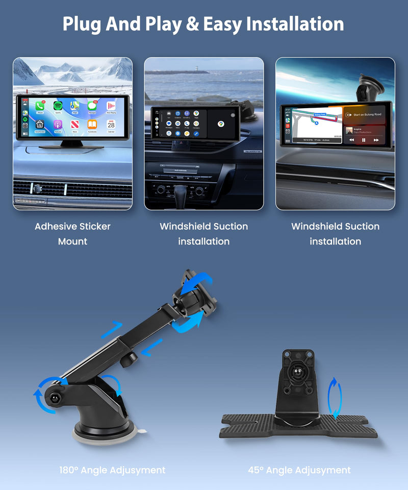 10.26” Wireless CarPlay Screen Portable Car Stereo, Upriding Wireless Android Auto Mirror Link, 1600x600 IPS Touchscreen, Voice Control, Navigation, Bluetooth, Plug n Play