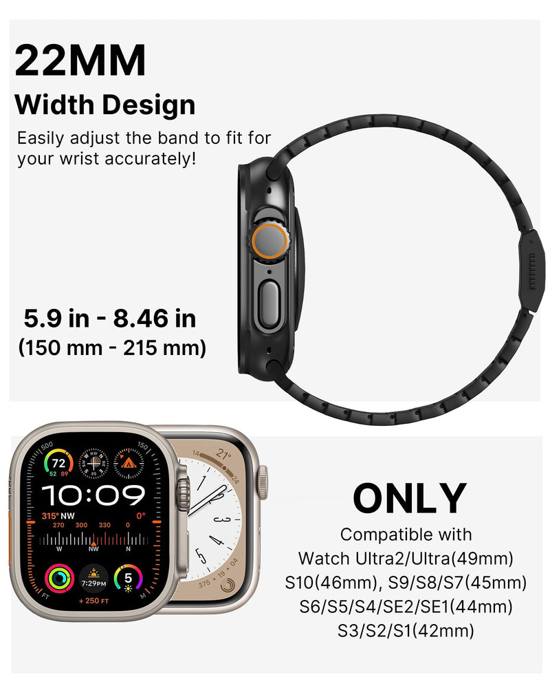 KU XIU Titanium Band for Apple Watch Ultra 2 / Ultra 49mm / Series 10 46mm, Adjustable Titanium Watch Band for Men, Premium Color Matching Watch Band with DLC Scratch Resistant Coating-Black Black