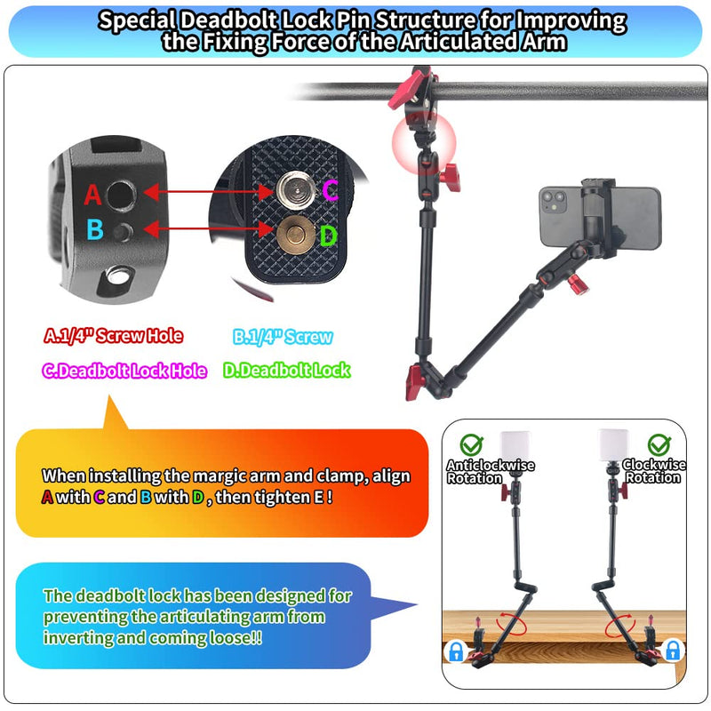 Upgraded 22in/57cm Adjustable Articulating Friction Magic Arm with 1/4" Thread & Super Clamp with Two 1/4" and one 3/8" Thread, Camera Mount for LED Light/Microphone Video Rig 22inch