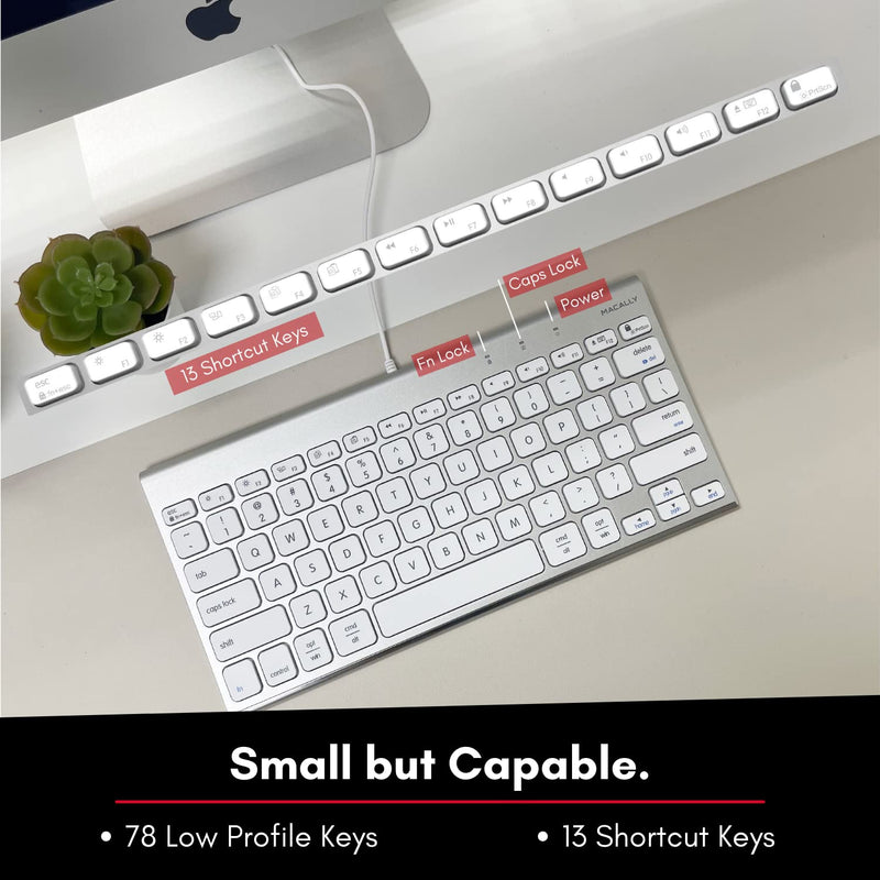 Macally USB Wired Keyboard for Mac and Windows PC - Space Saving Compatible Small Apple Keyboard - 78 Keys External Mac Keyboard for MacBook Pro/Air, iMac, Desktop Mac Mini - Silver Aluminum