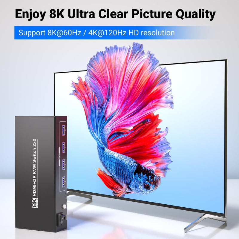 8K60Hz 4K120Hz HDMI + Displayport KVM Switch 2 Monitors 2 Computers, USB 3.0 HDMI DP 2 Port Dual Monitor KVM Switch for 2 PCs Share 1 Set of Keyboard, Mouse and 2 Monitors